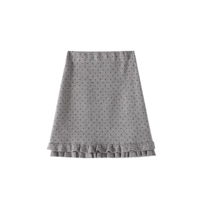 黑色木耳边半身裙女秋冬气质高腰A字包臀中裙小个子波点针织短裙