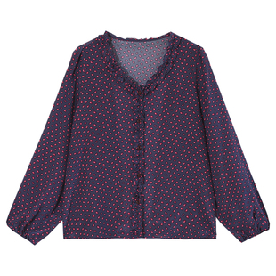 GESGOO原创设计木耳边v领真丝衬衫女复古印花桑蚕丝长袖上衣早秋