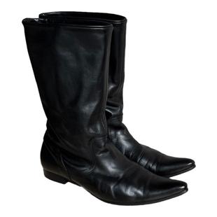 复古尖头中筒靴男女尖头巫师靴英伦翘头真皮骑士靴暗黑山本时装靴