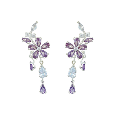 青芥法式浪漫紫藤花流苏耳夹耳饰