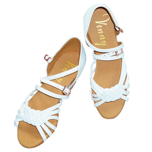 薇妮舞美拉丁舞蹈鞋软底女童比赛专业练功跳舞初学者白色中低跟鞋