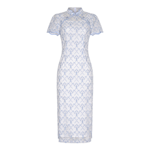 固执夏季新款中式蕾丝刺绣短袖中长款旗袍连衣裙32442QP09142