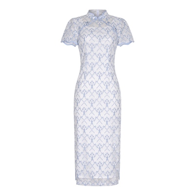 固执中国风旗袍蕾丝短袖连衣裙