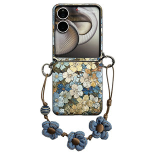 轻调 ins复古风蓝色花朵牛仔花朵手链适用于小米MIX Flip2手机壳全包新款MIX限量版flip折叠屏翻盖防摔保护套