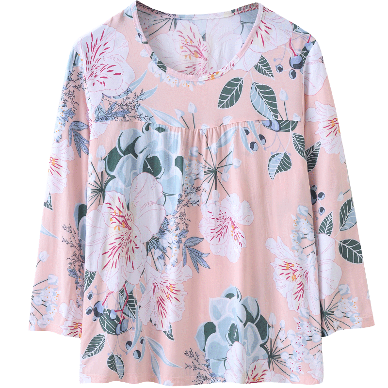 老年人棉绸睡衣女上衣单件长袖妈妈夏季可外穿宽松家居服大码圆领