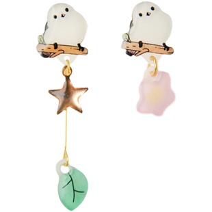 肥啾耳钉银喉长尾山雀耳环可爱甜美萌花叶耳坠银针耳夹长短不对称