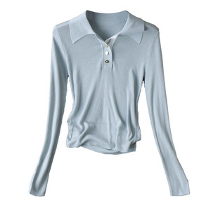 自然勾勒曲线美 休闲POLO撞色领螺纹大弹力冰丝短袖套头针织衫春