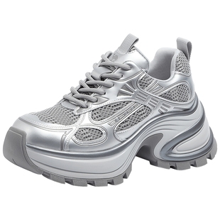 骆驼女鞋2025春季新款时尚休闲鞋女厚底增高银色炫酷老爹鞋运动鞋