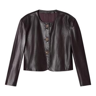 SALT.P可颜圆领复古美拉德植鞣肌理感短款羊皮外套皮衣秋