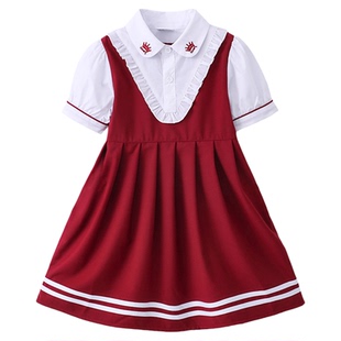 女童英伦风学院红色连衣裙夏季儿童男孩衬衫套装六一小学生合唱服