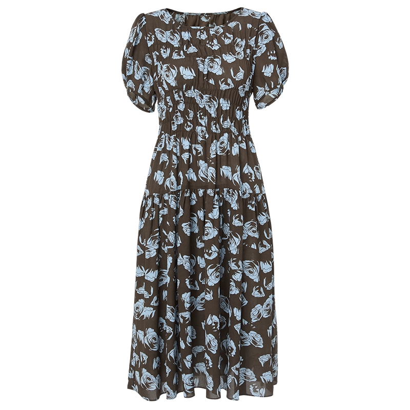 马天奴2025秋冬新款植物印花连衣裙子圆领泡泡袖收腰气质法式复古