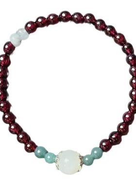 天然紫牙乌石榴石手串配和田白玉及翡翠原创设计款浓郁通透5mm