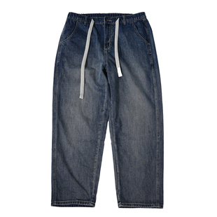 占大帅 美式复古牛仔裤男直筒宽松抽绳通勤百搭加绒阔腿裤子厚款