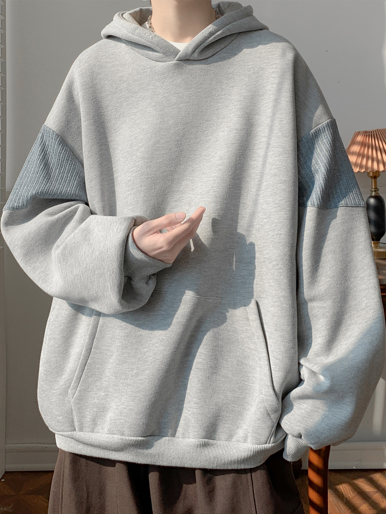 VUUG拼接设计感连帽卫衣男款秋冬季美式潮流宽松重磅休闲男生外套