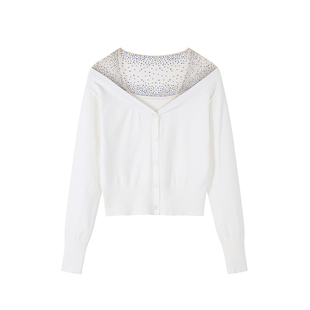 F PROJECT【碎钻星河】小众款！重工烫钻网纱拼接v领短款针织开衫