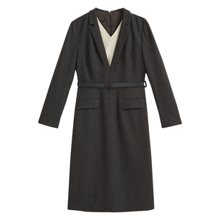 YINER音儿2025春季新款羊毛撞色西装领搭V领假两件知性连衣裙