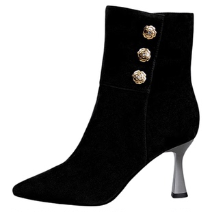 【官方奥莱】灵梅陈高光鞋绒面靴子尖头酒杯跟高跟鞋短靴真皮女鞋