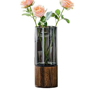 ins轻奢北欧透明玻璃花瓶木托创意水养鲜花玫瑰插花餐桌装饰摆件