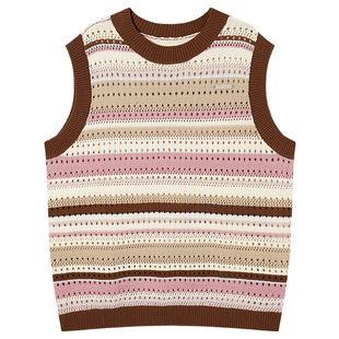【89/件】EPTISON针织马甲女叠穿复古撞色条纹洋气镂空背心外搭