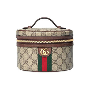 GUCCI古驰 Ophidia o条纹织带 帆布拼皮 手提包 女款小号 棕色