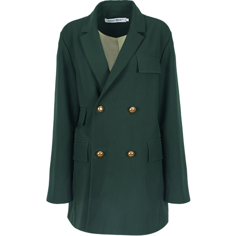 春秋新品设计款开叉时尚七分裤宽松廓型双排扣外套绿色西装套装