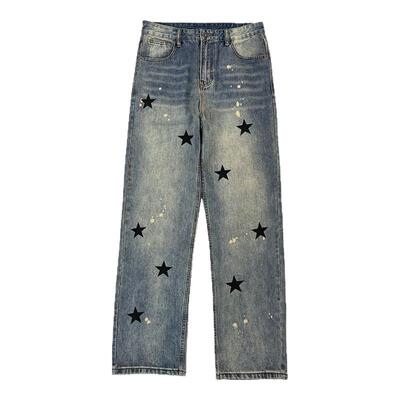 美式做旧五角星宽松阔腿牛仔裤男