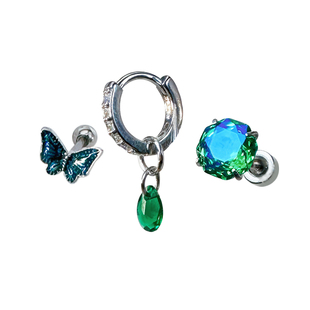 二十二丁目绿色锆石耳钉高级感耳骨钉蝴蝶耳蜗钉墨绿水滴耳圈耳环