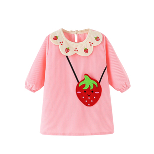 女童加长款灯芯绒防水防脏反穿罩衣幼儿宝宝吃饭围兜画画护衣口袋