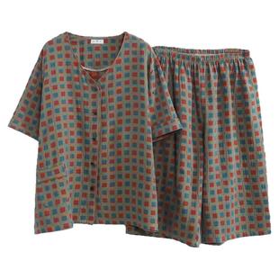 夏季睡衣女大码200斤薄款双层纱布格子短袖全棉家居服胖mm可外穿