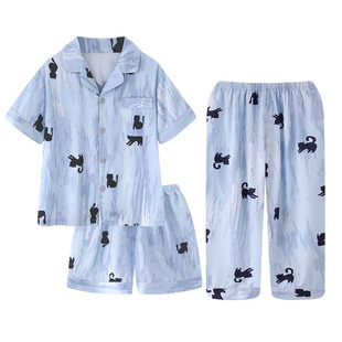 儿童睡衣夏季款冰丝男童三件套短袖青少年男孩卡通家居服2026新款