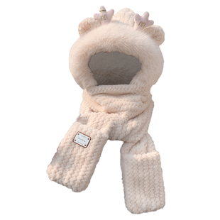 帽子女秋冬季可爱毛绒帽加厚保暖神器围巾一体连帽围脖手套三件套