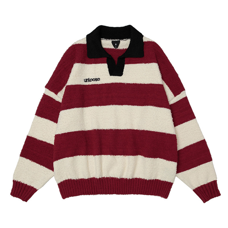 OVDY陈浚铭同款撞色条纹毛衣女秋冬季宽松翻领polo领针织衫情侣