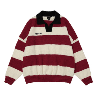 OVDY陈浚铭同款撞色条纹毛衣女秋冬季宽松翻领polo领针织衫情侣