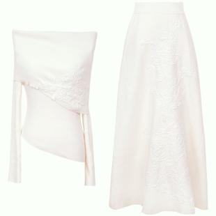 彼得潘大叔《雪落牡丹亭》针织刺绣一字肩订婚领证上衣半裙套装