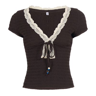 法式复古棕色蕾丝串珠V领短袖T恤