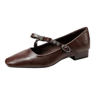 羊皮版~法式玛丽珍鞋女2025年春季新款蝴蝶结粗跟低跟3cm小跟单鞋