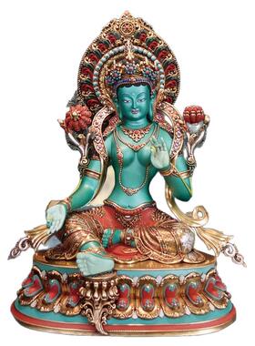 藏传尼泊尔彩绘绿度母手工纯铜