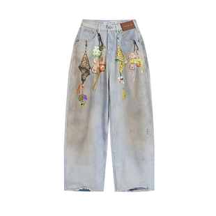 CHEERi UPi个性时尚四挂链印花蓝色牛仔阔腿长裤女26春夏新款