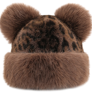 复古豹纹毛绒帽子女秋冬季仿皮草加厚保暖护耳百搭围巾鸭舌帽围脖