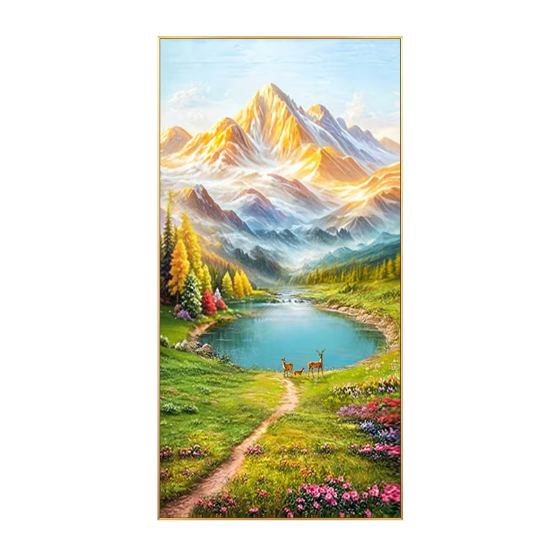 日照金山手绘油画玄关装饰画聚宝盆风景画美式欧式轻奢挂画大芬村