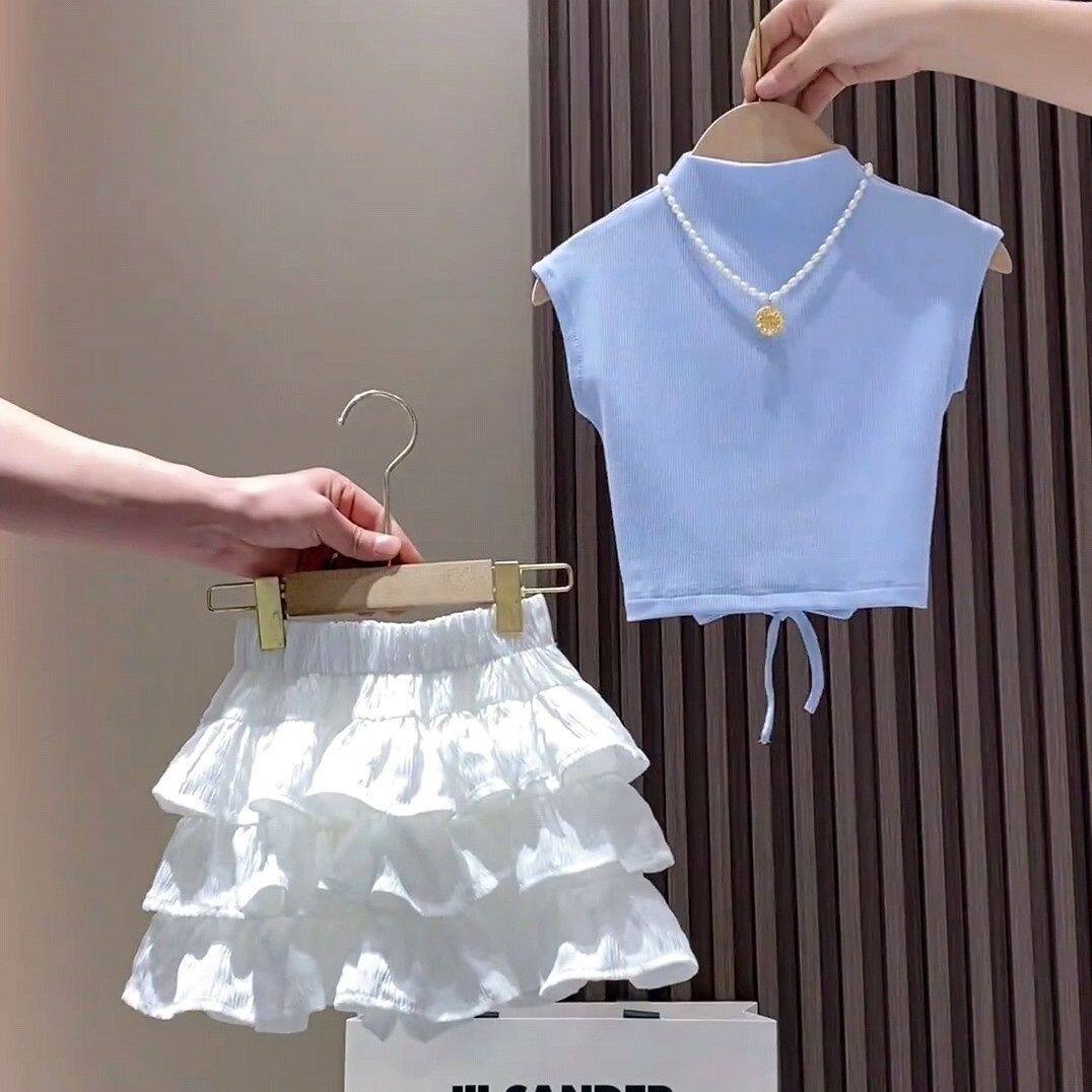 女童夏款套装2025新款儿童短袖T恤百褶裙两件套女宝裙裤洋气夏装