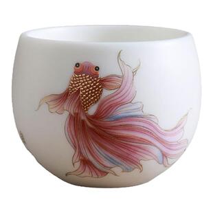 描金鱼丨羊脂玉白瓷主人杯轻奢高档单杯功夫陶瓷男女个人专用茶杯