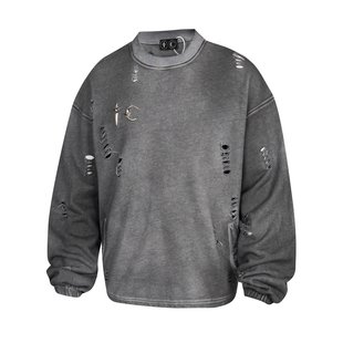 THUG CLUB朴宰范同款高街星月饰品水洗做旧破洞男女宽松圆领卫衣