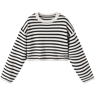 URLAZH有兰新款黑白条纹宽松慵懒风短款针织毛衣女