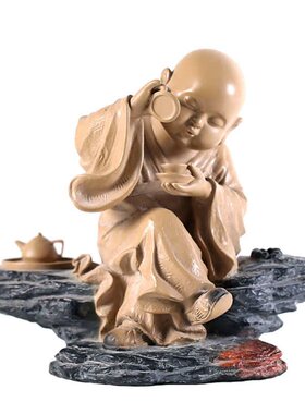 高档创意禅意摆件可爱小和尚沙弥工艺品 一角禅铁丸石 如茶的午后