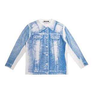 LEONSENSE力上司 拓印 牛仔印花长袖T恤针织打底衫 弹力小领中性