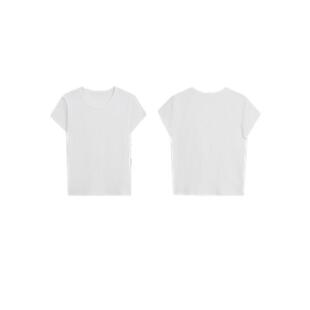 Basic House/百家好低领露锁骨正肩白色短袖T恤女夏修身纯棉上衣
