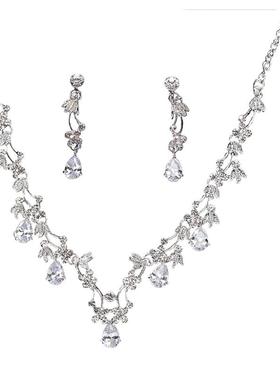 新款蓝色水滴钻合金花朵项链