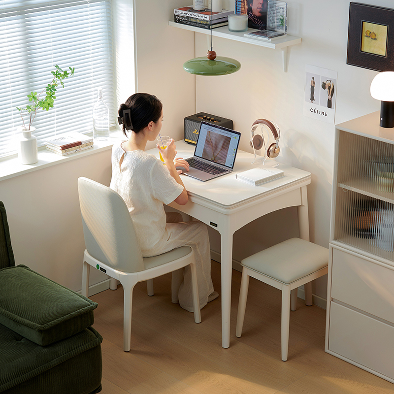 奶油风餐桌椅岩板可折叠小户型现代家用法式轻奢实木公寓白色饭桌