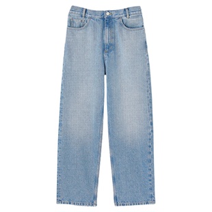 SANDRO秋冬女装法式时尚优雅简约棉质蓝色复古做旧高腰牛仔长裤